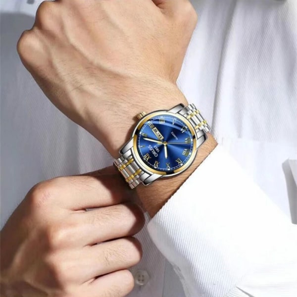 Watch män i rostfritt stål Business Dateklocka Vattentät lysande klockor Herr Lyx Sport Quartz Watch Gold Blue