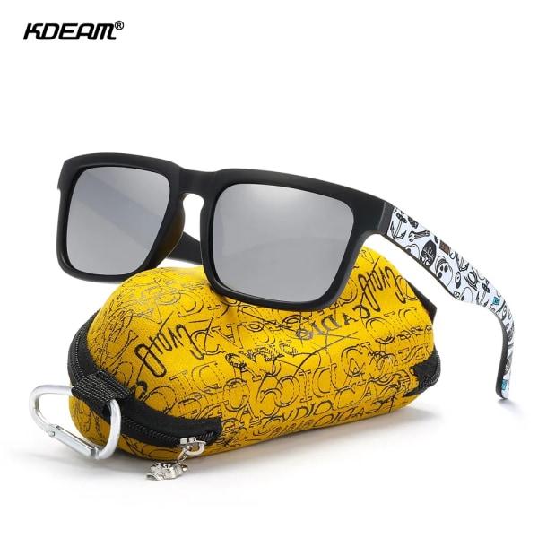 KDEAM iögonfallande funktion polariserade solglasögon för män Mattsvart rampassform. Måla tempel Play-Cool Solglasögon med case PRO-C17 Skull Zipper Case