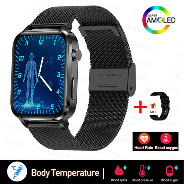 Smärtfri Icke-invasiv åtgärd Blodsocker Watch Män Laserbehandling Blodtryck Hälsa Kvinnor Glukometer Smartwatch Black Mesh Belt