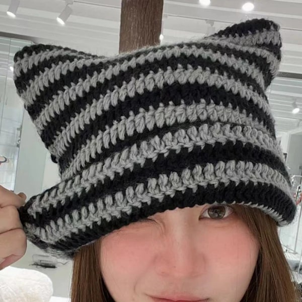 Harajuku Punk Gothic Stickad Kattöron Liten Djävulsmössa Millennium Kvinna Kawaii Designer Vinter Handgjord Beanie Keps för Kvinnor style 08