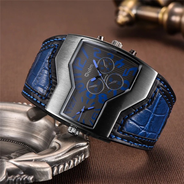 Oulm Classic Style Two Time Zone Herrklockor PU Läder Armbandsur Man Quartz Clock Casual Man Timmar relogio masculino red