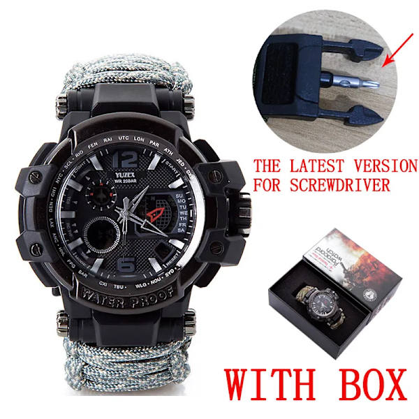Utomhus Survival Watch Multifunktionell Vattentät Militär Taktisk Paracord Watch Armband Camping Vandring Nödutrustning EDC gray with box