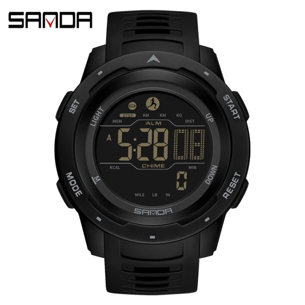 SANDA 2145 Ny design 2023 Män Sport Stegräknare Kalorier 50M Vattentät LED Digital Watch Militär Armbandsur Relogio Masculino Black