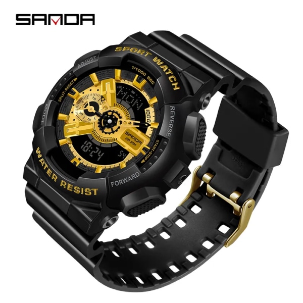 SANDA Top Märke Digital Watch Herr Sportklockor Elektronisk LED Watch för män Klocka Utomhus Vattentät Armbandsur 3110 Black Gold(.136)