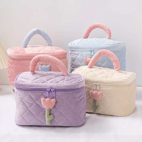 1 Set Enfärgad Blomma Makeup Bag Set Dragkedja Stor Mjuk Manchester Kosmetikväska Kvinnlig Resesmink Case Set purple