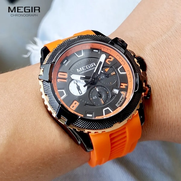 MEGIR Watch för män Orange silikonrem Sport Chronograph Quartz Armbandsur med datum 24-timmarsdisplay 3atm Vattentät Black Green