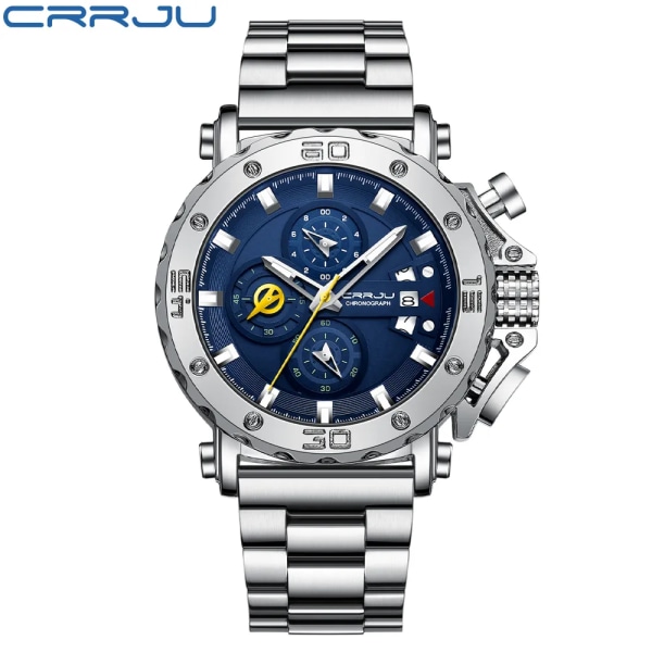 CRRJU watch för män Top Brand Luxury Big Dial rostfritt stål Vattentät kronografarmbandsur med datum Relogio Masculino Silver Blue box