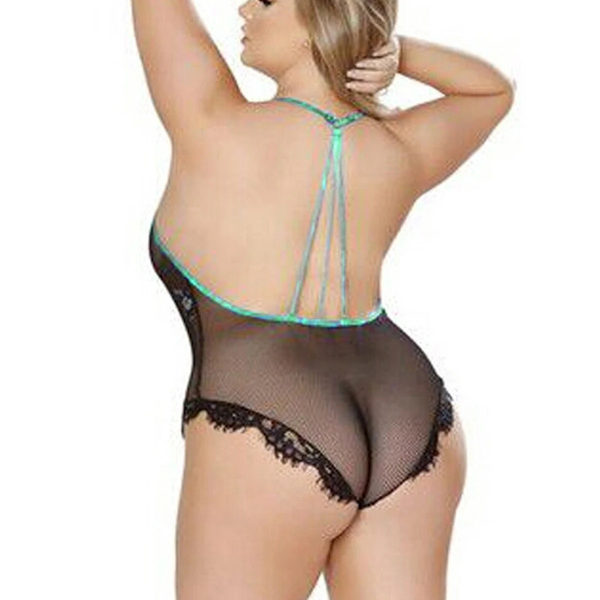 Sexiga ihåliga underkläder hängande hals i ett stycke Spetsperspektiv Djup V Hot Erotiska underkläder Sexiga underkläder Set för fet kvinnlig M-5XL as picture show 4XL