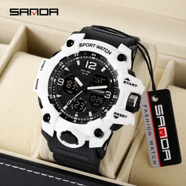 SANDA Herr Militärklockor Vit Watch LED Digital 50M vattentät watch Herr Multifunktionsklocka Relogio Masculino 942 Ms white black