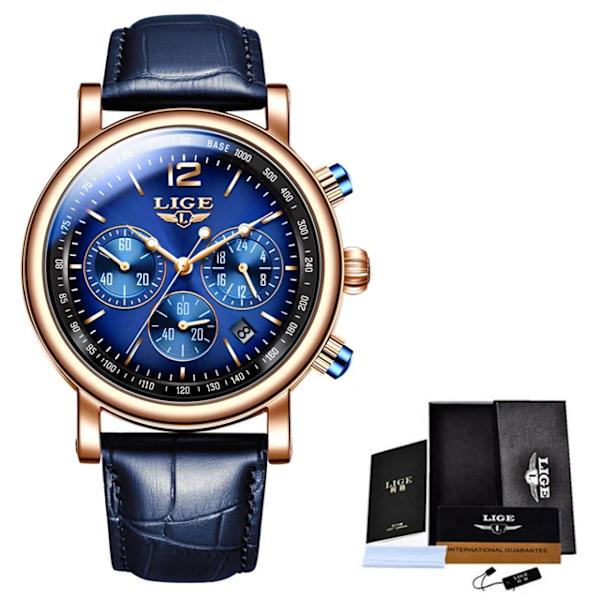 LIGE Watch Kvinnor Casual Damklockor Toppmärke Lyx Watch Läder Vattentät Quartz Armbandsur Damklockor Reloj+box Blue