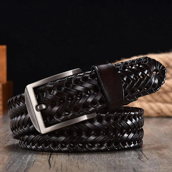 Flätat läderbälte för mäns bälten 4,0 cm bredd Lyxiga äkta läder ko-remmar Handstickat designerband läderbälte män Black 110cm