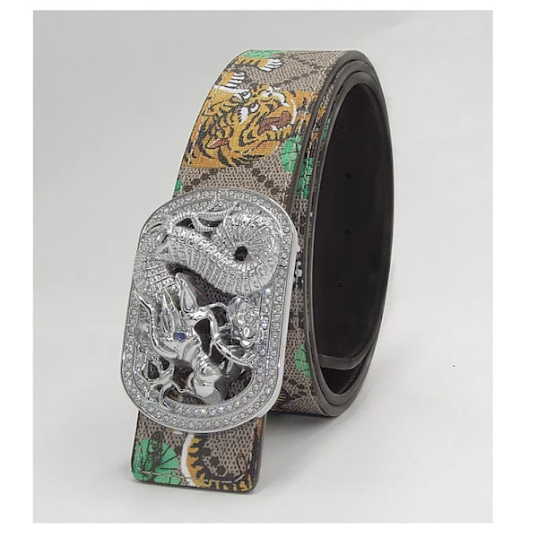 Western Rhinestone Leopard Guld Sliver Metall Spänne Tiger Print Ko Läder Män Bälte Jeans Causal Byxor Rem sliver   dragon 100cm