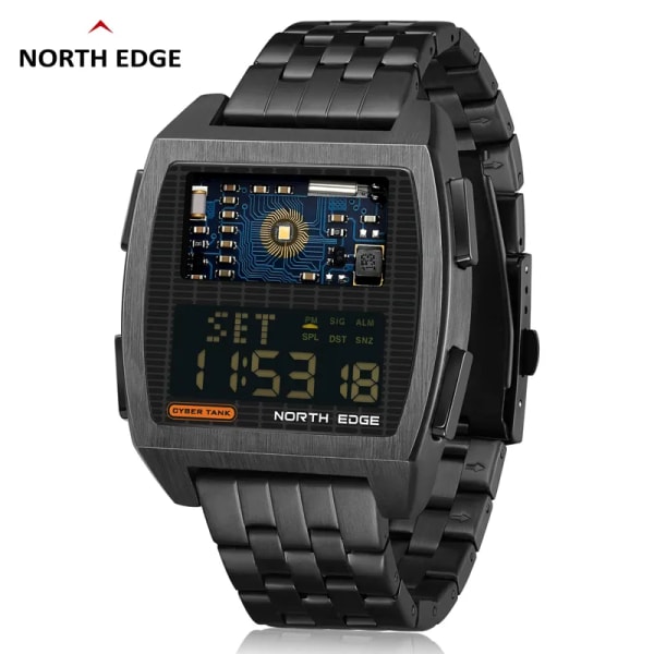 NORTH EDGE 2022 Digital watch för män Retro Industriell Metal Style Vattentät 50M Sportklockor För Herr World Time reloj de hombre Black