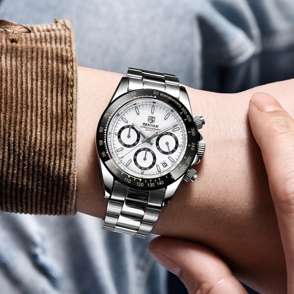 Relojes Hombre 2021 BENYAR Nya klockor Herr Lyxmärke Chronograph Man Sportklockor Vattentät watch i rostfritt stål white