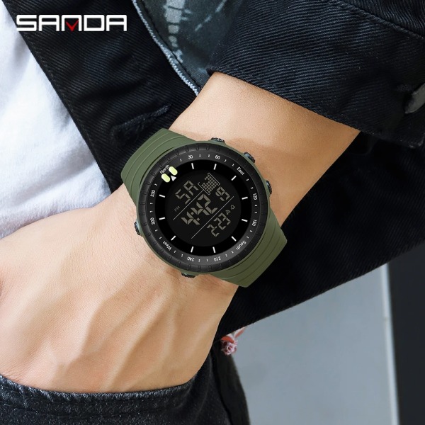 SANDA Brand Herr Kronograf Watch Mode Man LED Digital Vattentät Klocka Militär Armbandsur relogio masculino Army Green 1