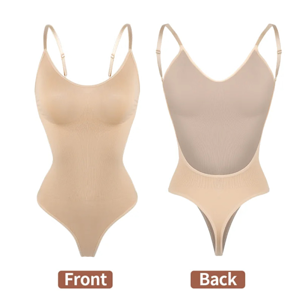 Kvinnor Rygglösa Korsetter Shaper Sexig Seamless String Bodysuits Butt Lifter Djup V-hals U Plunge Bodyshaper Push Up Shapewear Fajas B-Nude L(36)