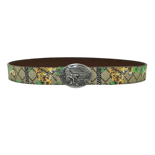 Western Rhinestone Leopard Guld Sliver Metall Spänne Tiger Print Ko Läder Män Bälte Jeans Causal Byxor Rem Silver Tiger buckle 100cm