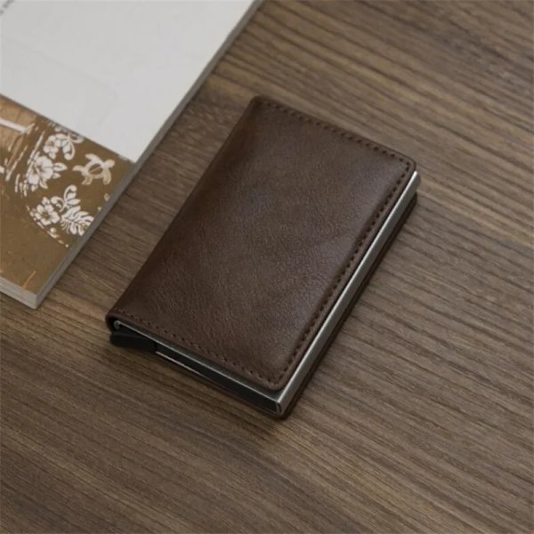 Ny män smart plånbok för kvinnor Kreditbankkortshållare modeväska Aluminiumlegering Business Casual Miniplånbok Märke PU-väska COFFEE