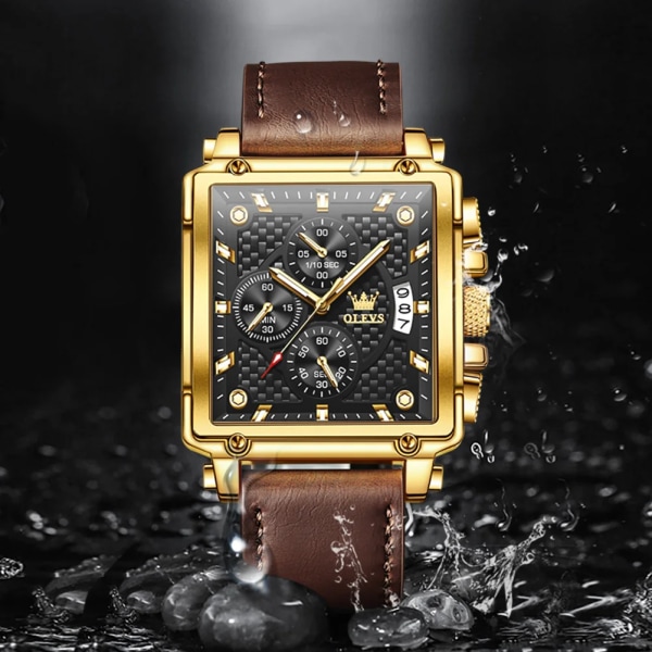 Olevs Toppmärken Ny fyrkantig watch Multifunktionskronograf läderrem Vattentät Mode Business Armbandsur för män black gold brown