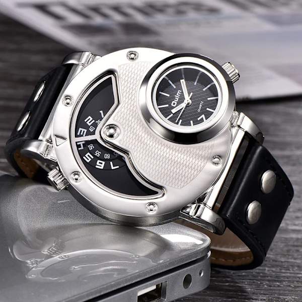 Oulm Klockor Unik Design Flera tidszoner Läderrem Man Quart Armbandsur Oulm 9591 Mode Herr Klockor reloj hombre Silver