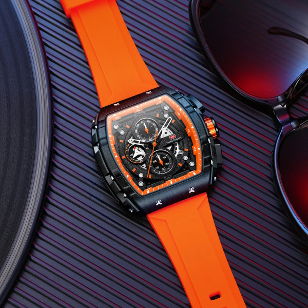 MINI FOCUS Chronograph Quartz Watch for Herr Tonneau Dial Military Sport Armbandsur Hane med orange silikonrem Auto Date Black Rose gold