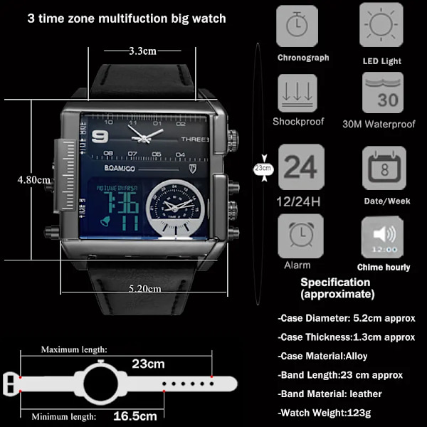 BOAMIGO märke män sportklockor 3 tidszon stor man mode militär LED watch läder kvarts armbandsur relogio masculino new black