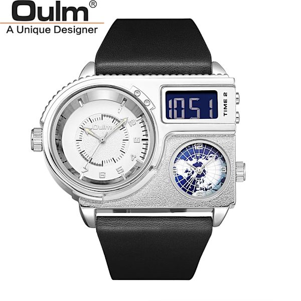 Oulm 5026 New Dual Display Två tidszon Watch Man Big Dial Quartz Clock Timmar Herr Armbandsur i äkta läder silver