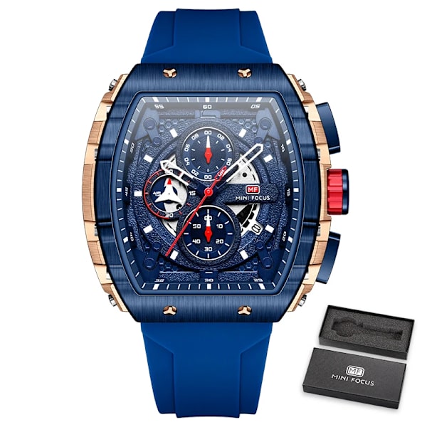 MINI FOCUS Quartz-klockor för herrkronograf analog armbandsur Student Tonneau Dial Militär silikonrem Ungdomssportklocka Blue
