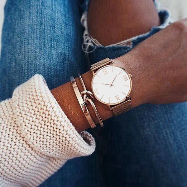 Damklockor Lyx Rose Gold Urtavla Topp Märke Rostfritt Stål Klänning Quartz Armbandsur Mesh Armband Kvinnlig Klocka Hot Zegarek Damski Silver
