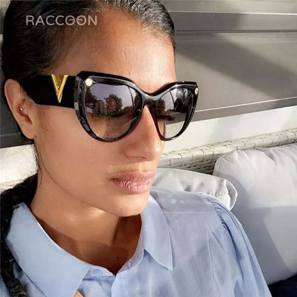 Nytt lyxvarumärke Svarta överdimensionerade solglasögon Dam Raffinerad design Stora stora solglasögon Dammode V Cat Eye Solglasögon Uv400 C5 look picture