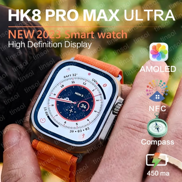 HK8 Pro Max Ultra Smart Watch Herr 49mm AMOLED Skärm Kompass NFC Smartwatch Blodtryck Fitness Klockor för Android IOS Orange