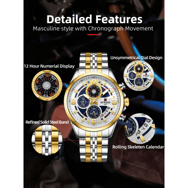 REWARD Design Quartz Armbandsur för män Sport Vattentäta klockor Rostfritt stål Kronograf Luminous Watch Black Black