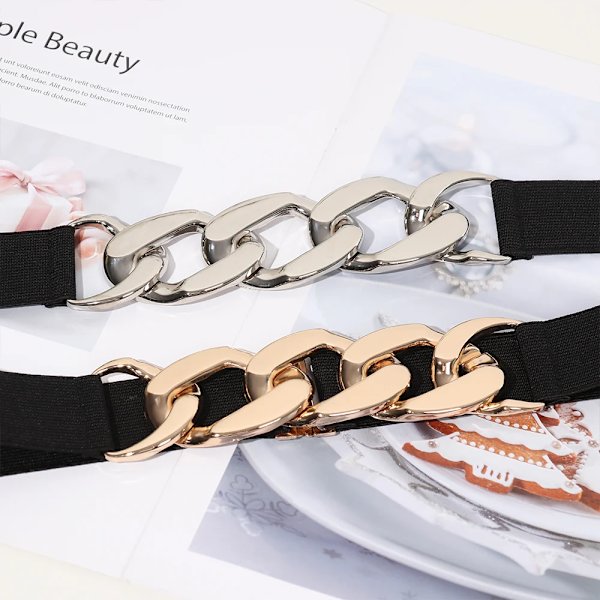 Elastiskt Kvinnor Bälte Punk Mode Kvinnor Elastiska Bälten Guld Silver Metall Kedja Midjerem För Klänning Rock Kostym Dekorativt midjeband red Style2 Elastic