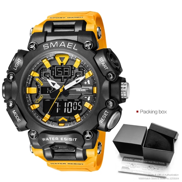 SMAEL Dual Time LED Digital watch för män 50 m vattentät kronograf kvartsklockor Orange Militär Sport Elektroniskt armbandsur Orange-Box