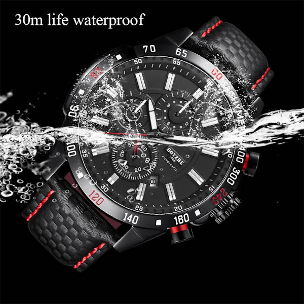 Boyzhe Men Sport Automatisk Mekanisk Watch 3 Bar Vattentät Multifunktionsskärm Lysande Hands Herr Klockor relogio Silver Leather