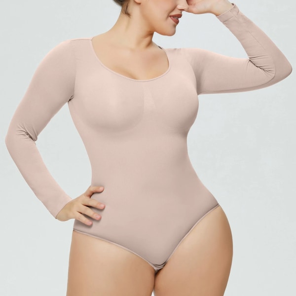 Sexiga jumpsuits för kvinnor sömlösa långärmade one-piece Shapewear för kvinnor Magkontroll ärmlös kroppsformare Beige S