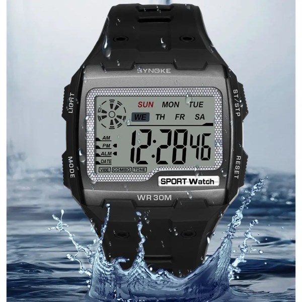 SYNOKE Digital watch för män Stora siffror Lätt att läsa 3ATM Vattentät män Digital watch Utomhussport Lysande funktion silver