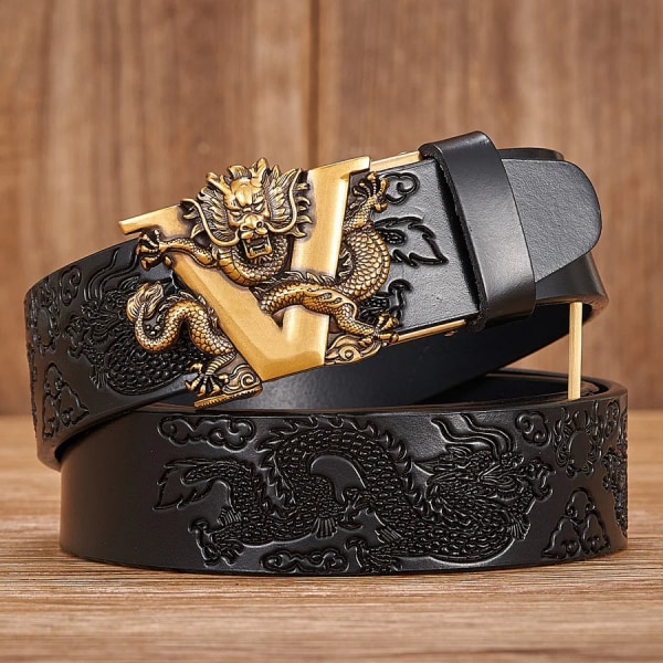 Nytt manligt Kina drakbälte nötskinnsbälte i äkta läder för män Carving Dragon-mönster Automatiskt spänne bältesrem för jeans Golden buckle Black 120cm