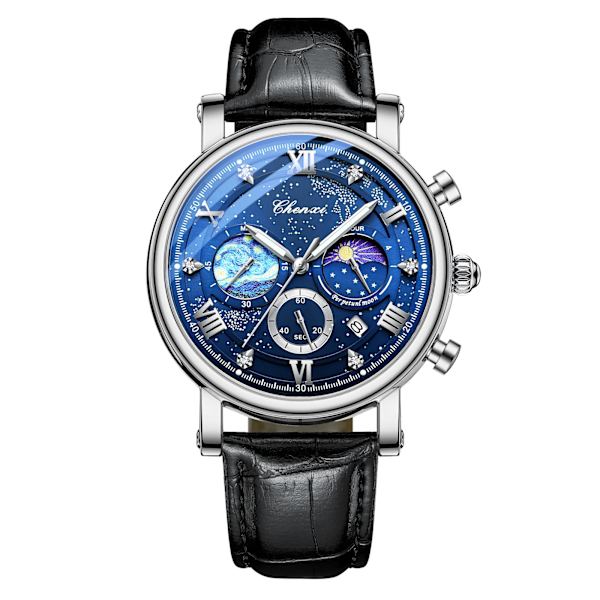 CHENXI Herrklockor Top Märke Lyx Läder Kronograf Watch För Herr Mode Date BusinessVattentät självlysande klocka Silver Blue
