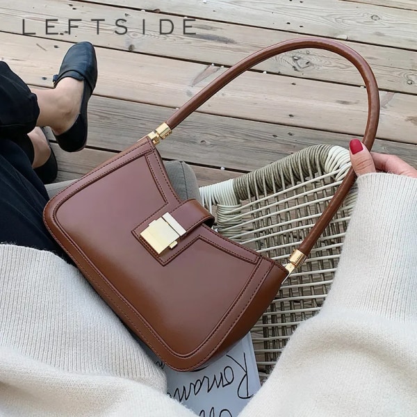 VÄNSTERSIDA Axelväskor för kvinnor Enfärgad PU-läder Trend Lock Handväskor Liten handväska Hand Dam Designer Dragkedja Clutch Brown 25cmx16mx7cm