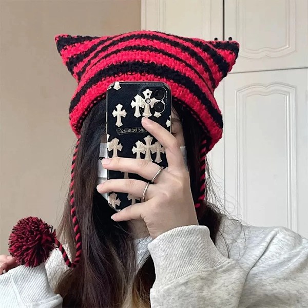 Japansk Streetwear Harajuku Beanie Hatt Liten Djävul Randig Stickad Hatt För Kvinnor Flickor Höst Vinter Söta Kattungeöron Mössa style 01-black