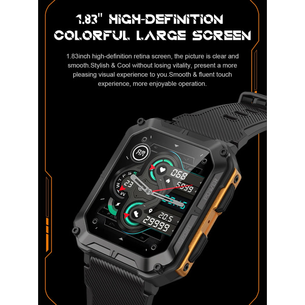 LEMFO C20Pro Smart Watch Herr Sport Smartwatch IP68 Vattentät Bluetooth Call 35 Days Standby 123 Sport Modes 1,83 tums HD-skärm Orange