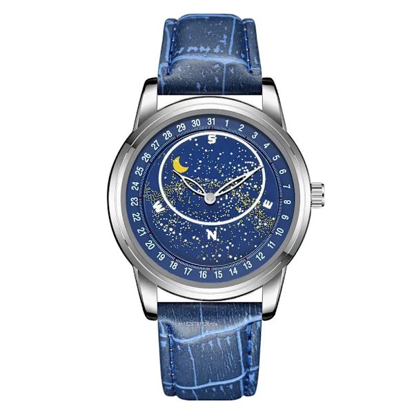 Mode Kreativitet Märkesklockor För män Lysande stjärnhimmel Design Watch Comfort PU Läder Herr Armbandsur Klocka blue