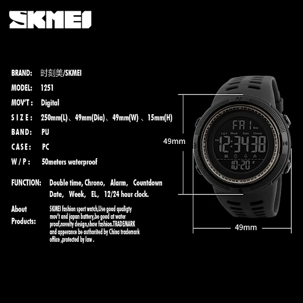 SKMEI 1251 Sport Herrklockor Simma utomhus Vattentät LED Mode digitala Herrklockor Nedräkning Elektronisk Watch Militär all black