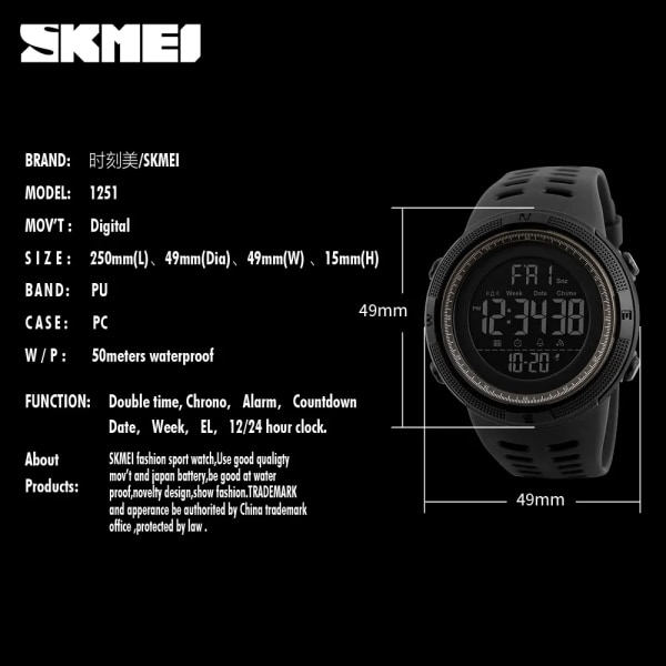 SKMEI 1251 Sport Herrklockor Simma utomhus Vattentät LED Mode digitala Herrklockor Nedräkning Elektronisk Watch Militär black blue