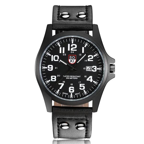 Märke Sport Militärklockor Mode Casual Quartz Watch Läder Analog Herr 2020 Ny SOKI Lyxarmbandsur Relogio Masculino Black-A