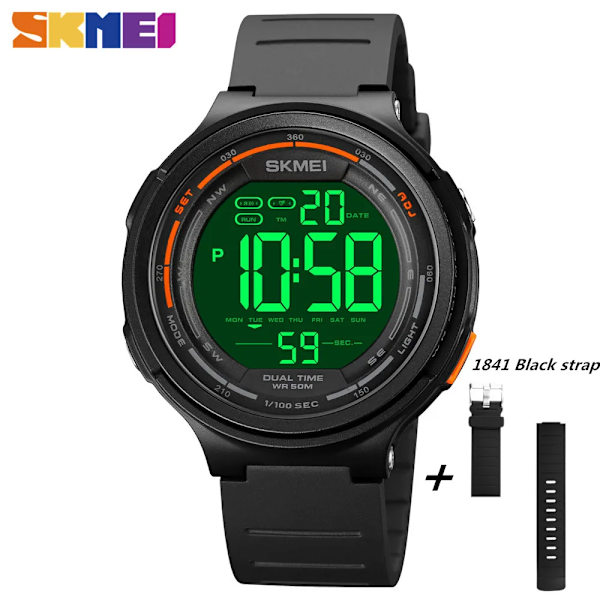 SKMEI Nytt LED-ljus Digital Herr Sportklockor Count Down 5Bar Vattentätt Armbandsur För Herr Man Klocka Watch hombre 1841 black with strap