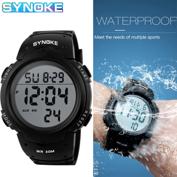 SYNOKE 9668 Herr Sportklockor Chronos Countdown Watch Vattentät LED Digital watch Man Elektronisk klocka Relogio Masculino Full Black