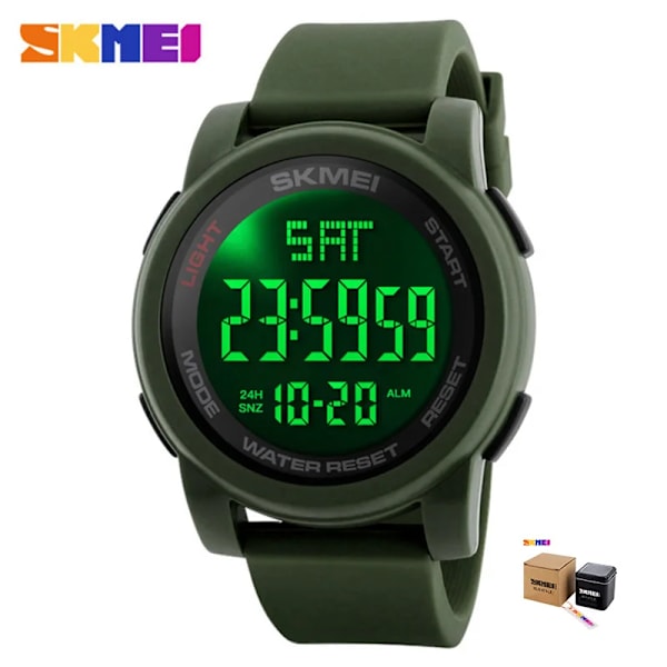 SKMEI 1257 LED Digital Alarm Herrklockor Multifunktionssilikonband Vattentät Sportklockor Herrklocka Man Relogio Masculino Army Green With Box