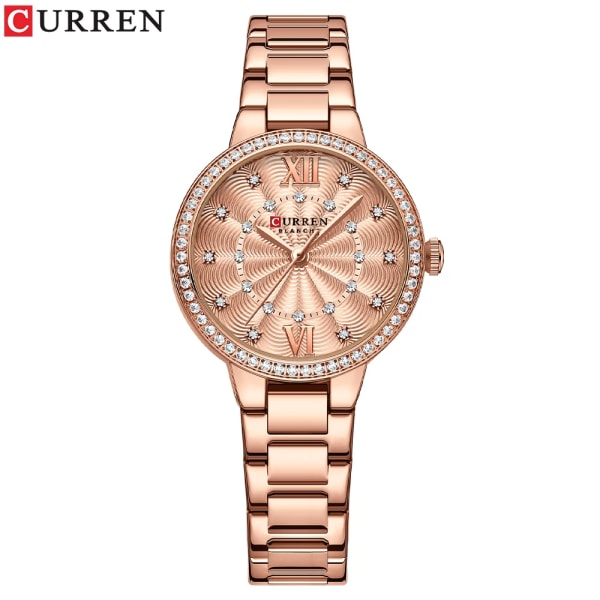 CURREN Quartz Armbandsur för kvinnor Luxury Rhinestones Rose Dial Modeklockor med band i rostfritt stål Nytt silver box